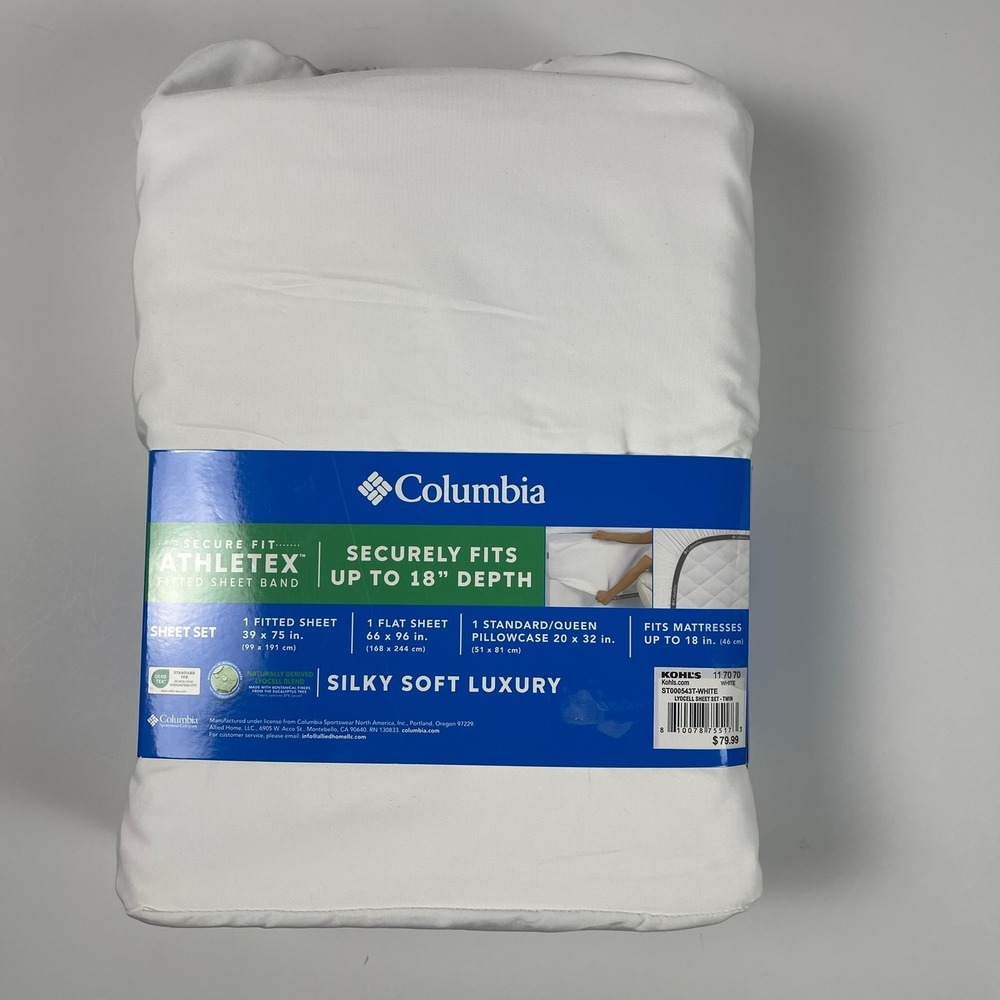 Columbia Athletex Silky Soft Luxury Twin Sheet Set White Lyocell Blend 3pc New